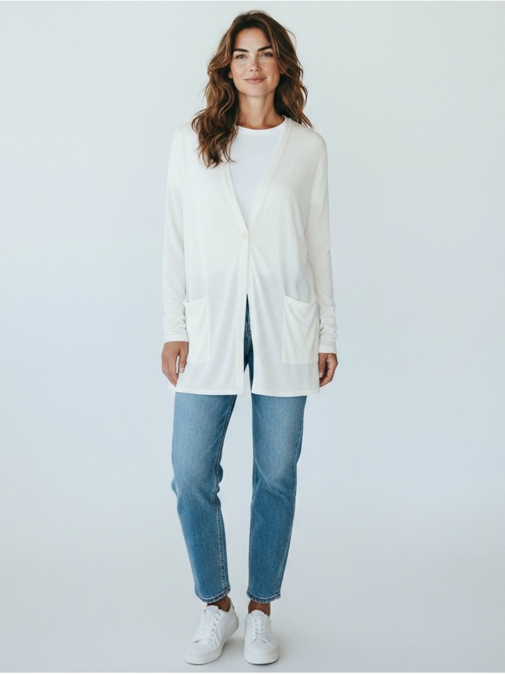 J Jill Wearever Collection Cardigan Womens M Rayon White Long Sleeve Pockets XL